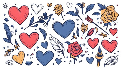 Illustrated Floral Pattern with Decorative Hearts and Leaves