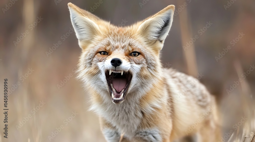 Poster close-up portrait of a red fox with its mouth open, showing sharp teeth, in a natural outdoor settin