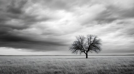 Obraz premium Solitary bare tree stands in a vast, monochrome field under a dramatic, stormy sky, conveying a sense of isolation and melancholic beauty. : Generative AI