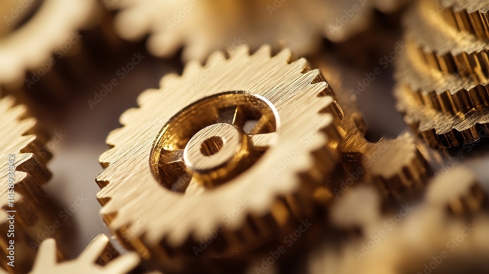 Poster Close-up view of intricate golden gears, showcasing their detailed craftsmanship and mechanical precision.  The image evokes themes of industry, engineering, and complex systems. : Generative AI