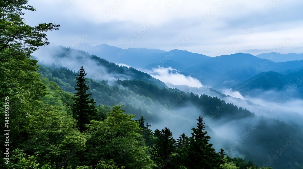 Poster misty mountain landscape with lush green forests and rolling hills shrouded in fog, creating a seren