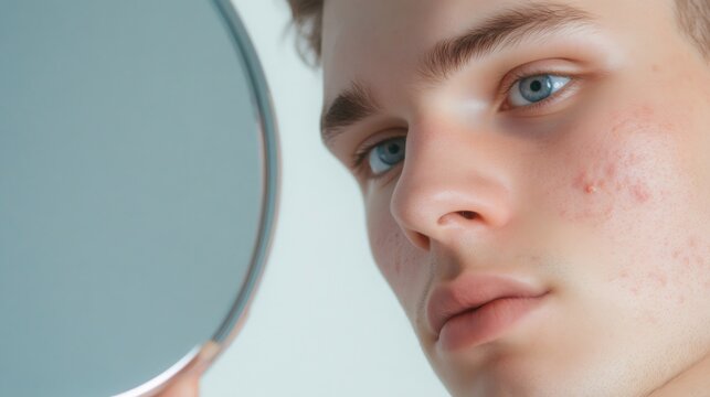 Young man closely examining facial skin imperfections, holding mirror and revealing acne, rosacea, scarring, emphasizing personal skincare concerns