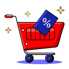 Shopping cart with a discount tag and colorful design, symbolizing retail and savings