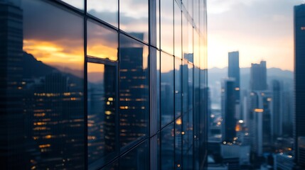 Sunset reflection in skyscraper glass facade, showcasing a city skyline at dusk. Golden hour light illuminates the modern architecture and urban landscape. : Generative AI