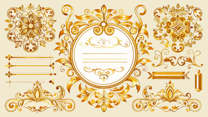 uxury Gold vintage invitation vector set. Ornamental curls, dividers, Border design and golden components design for wedding invite, menus, certificates, boutiques, spa and logo white background
