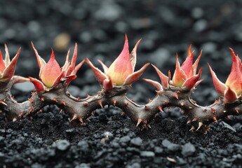 Crimson sprouts on a thorny vine in volcanic soil