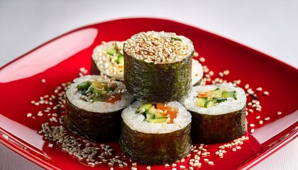 stack of vegetarian sushi rolls sprinkled by sesame seeds on red plate