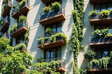 Fototapeta premium Sustainable Building Exterior with Vertical Greenery: Facade View Showing Lush Planted Balconies and Integrated Vertical Garden Systems