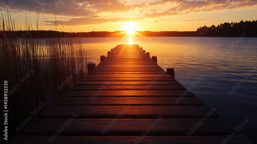 Poster serene sunset view over a calm lake, with a wooden pier extending towards the glowing sun, creating 