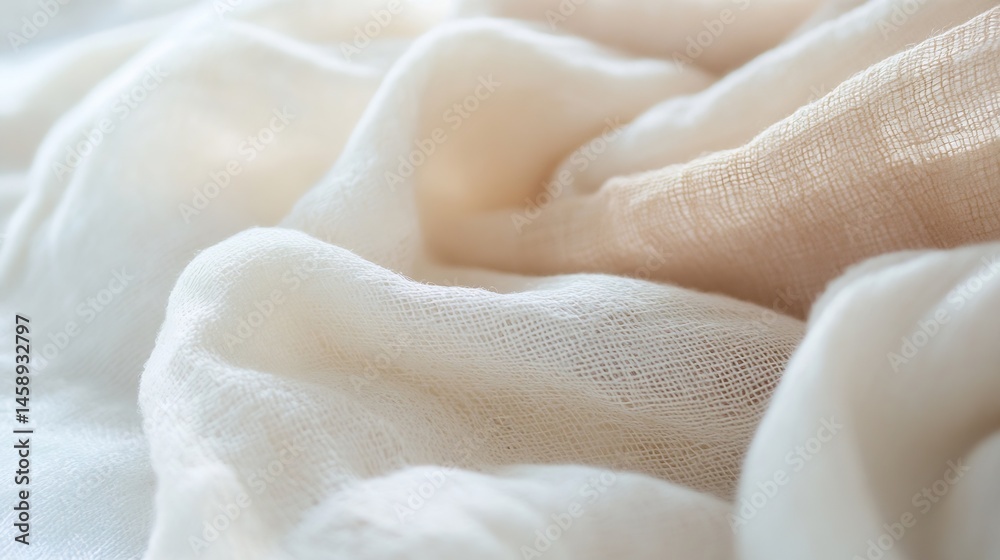 Poster close-up view of soft, textured fabric in creamy white and beige tones, showing delicate folds and w