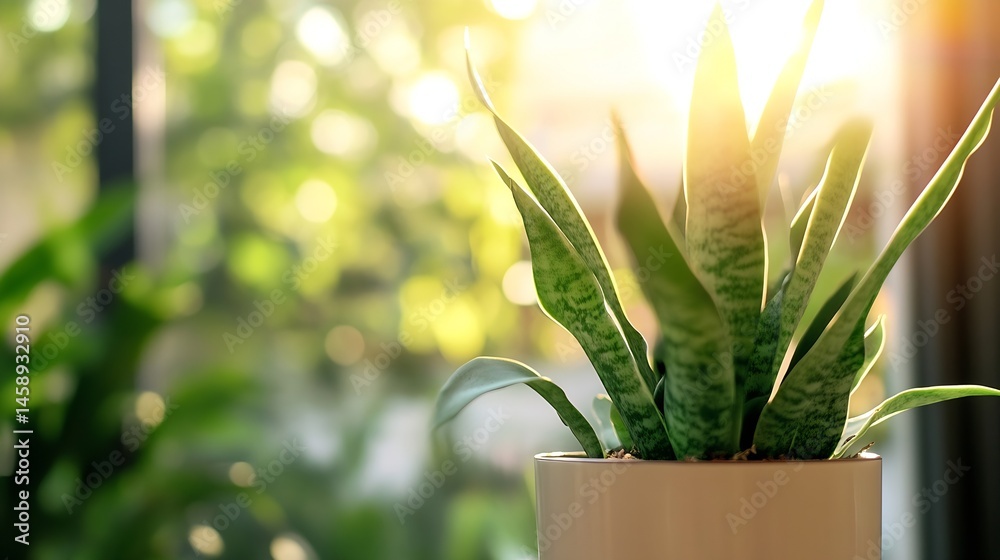 Poster a snake plant in a beige pot basks in the warm sunlight streaming through a window, its vibrant gree