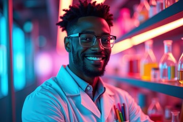 Scientific joy abounds. Mans infectious smile radiates excitement amidst treasure trove of scientific wonders and discoveries surrounding him.