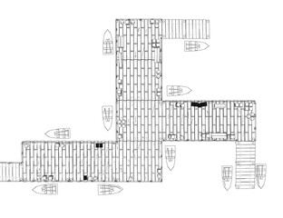 A drawing of a long wooden docks with a boat in the middle. The boat is surrounded by other boats and the structure is made of wood