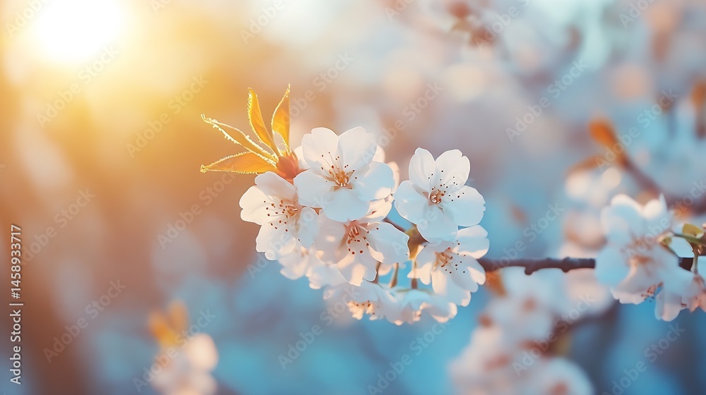Aufkleber close-up of delicate white cherry blossoms on a branch, bathed in warm sunset light, creating a sere