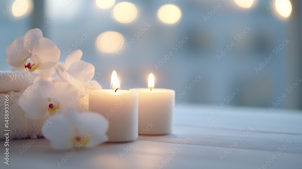 Leinwandbilder serene spa setting with two lit candles and white orchids resting on soft towels, creating a peacefu