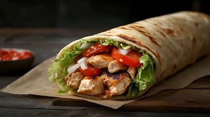 Close up of a freshly made delicious chicken shawarma roll