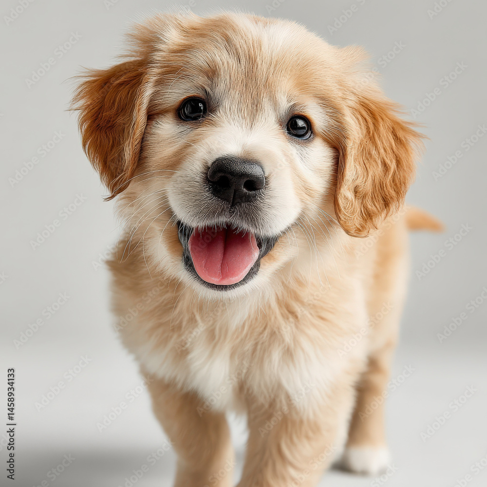Poster adorable golden retriever puppy with a playful expression, standing against a neutral gray backgroun