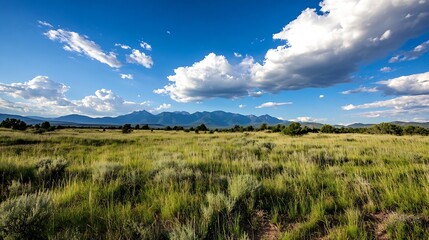 Obraz premium Vast grassland meadow under a vibrant blue sky, dotted with fluffy white cumulus clouds, and a majestic mountain range in the distance, bathed in the warm light of day. : Generative AI