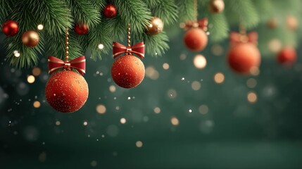 Elegant Christmas composition with golden and red baubles on pine branches, glittering festive background, luxury winter holiday decoration for New Year greetings, 3D, Copy Space, Selective Focus..