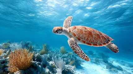 Obraz premium Vibrant reef sea turtle gliding through coral underwater photography