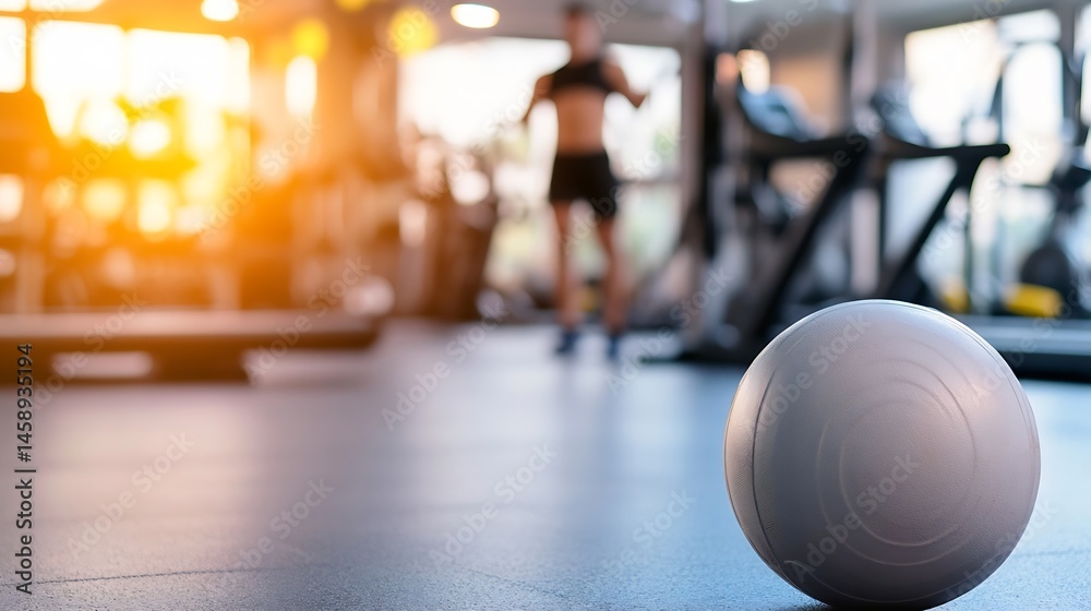 Aufkleber close-up of a gray medicine ball in a blurred gym setting, with a person exercising in the backgroun