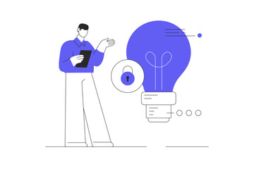 Businessman stand beside locked bright lightbulb symbolizing intellectual property protection. Flat Cartoon Vector Illustration, icon. Stylish abstract design landing page