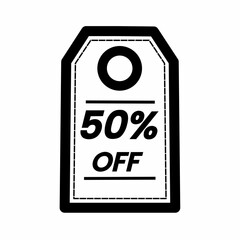 Minimalist black and white discount label vector illustration with "50% OFF" text. Perfect for sale price tag designs, promotions, advertisements and shopping events.