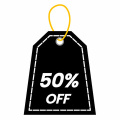 Black discount label vector illustration with "50% OFF" text. Sale label design with yellow string. Perfect for promotion, marketing, advertising, shopping and ecommerce banners.
