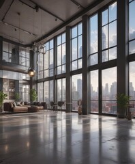 Fototapeta premium Modern apartment, breathtaking cityscape, floor-to-ceiling windows, view, bathroom, building