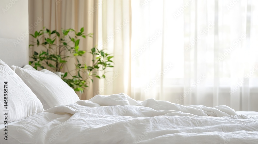 Poster a neatly made bed with crisp white linens sits near a window, sunlight streaming through sheer curta