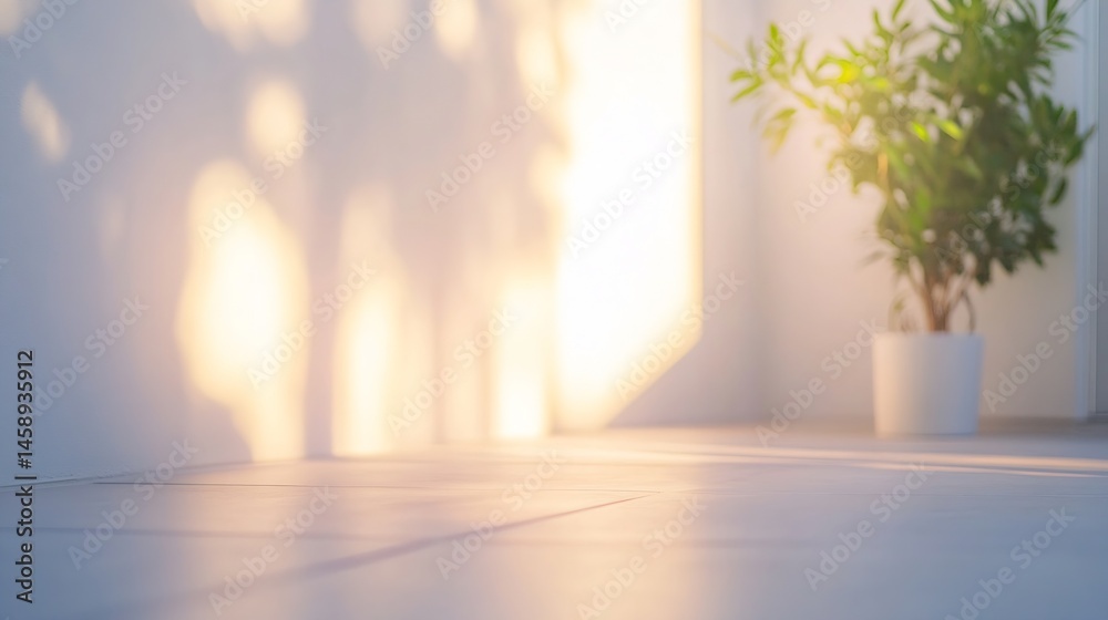 Poster soft sunlight illuminates a minimalist room, casting gentle shadows on a pale wall and floor, with a