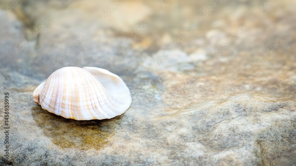 Leinwandbilder single seashell rests on a textured rock surface, showcasing its delicate lines and creamy beige col