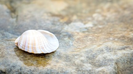 Single seashell rests on a textured rock surface, showcasing its delicate lines and creamy beige color.  The shallow depth of field emphasizes the shell's natural beauty against a blur : Generative AI