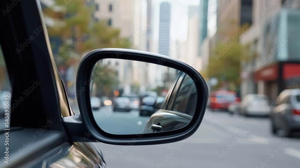 Poster a close-up view of a car's side mirror reflecting a blurred city street scene with tall buildings an