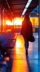 Silhouette of a woman walking at sunset on a modern public space