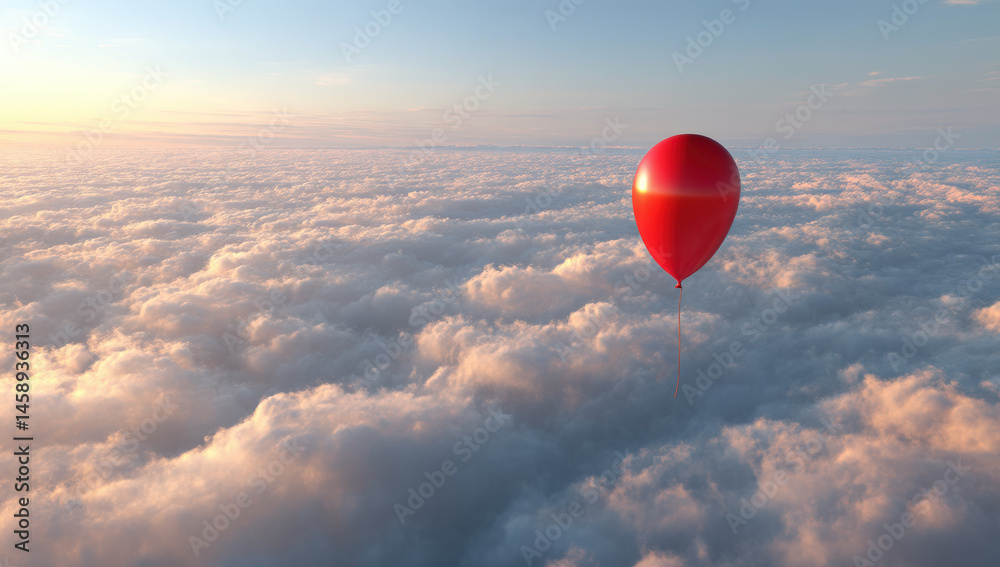 Poster single red balloon floats gently above a vast expanse of fluffy clouds, bathed in the warm glow of a