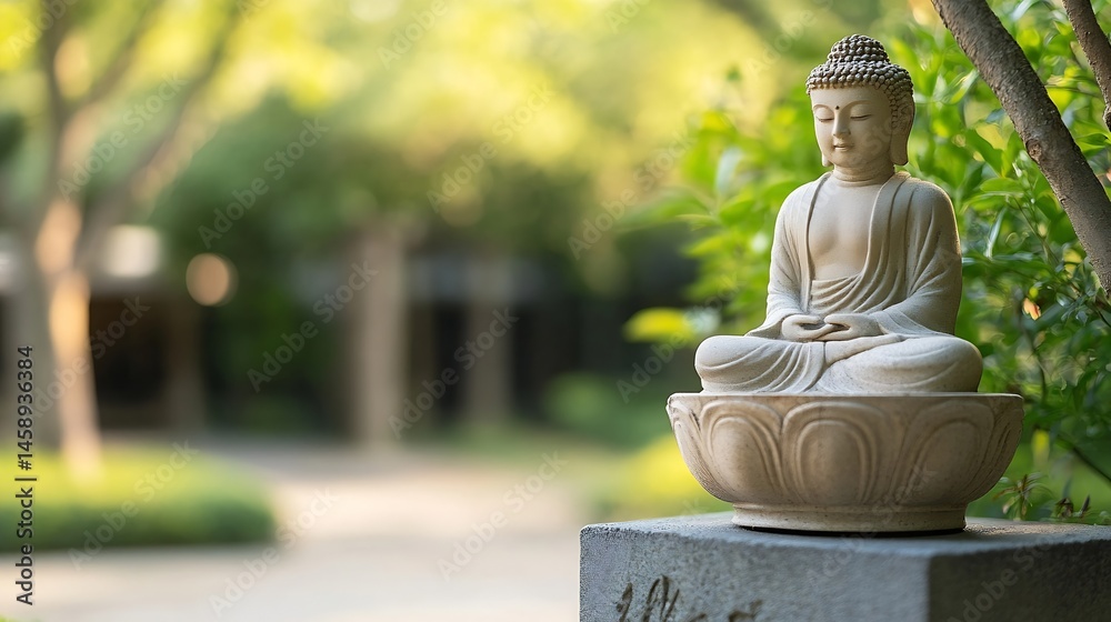 Poster serene buddha statue sits peacefully in a tranquil garden setting, bathed in soft sunlight filtering