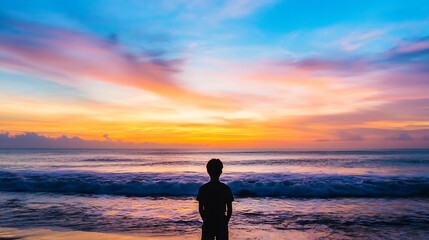 Fototapeta premium Silhouette of a boy watching a vibrant sunset over a tranquil ocean, showcasing a breathtaking display of orange, pink, and purple hues in the sky. : Generative AI