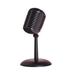Fototapeta premium Classic black microphone on a stand, perfect for music performances and podcasts, isolated on a white background.