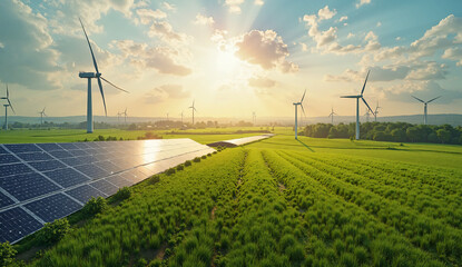 Renewable Energy Landscape - Wind Turbines & Solar Panels in Sunny Green Field - Eco-Friendly Future Aerial Drone View

