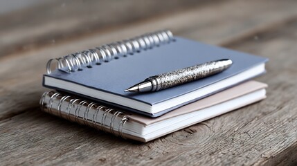Aromatic wooden table with two spiral notebooks and stylish pen for taking notes