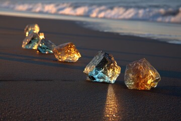 Sparkling Jewels Adorn the Dark Sands, Reflecting the Shimmering Horizon's Light
