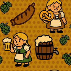 Colorful seamless background with traditional Oktoberfest symbols in naive flat style. Perfect for seasonal design, menus and festive decoration.