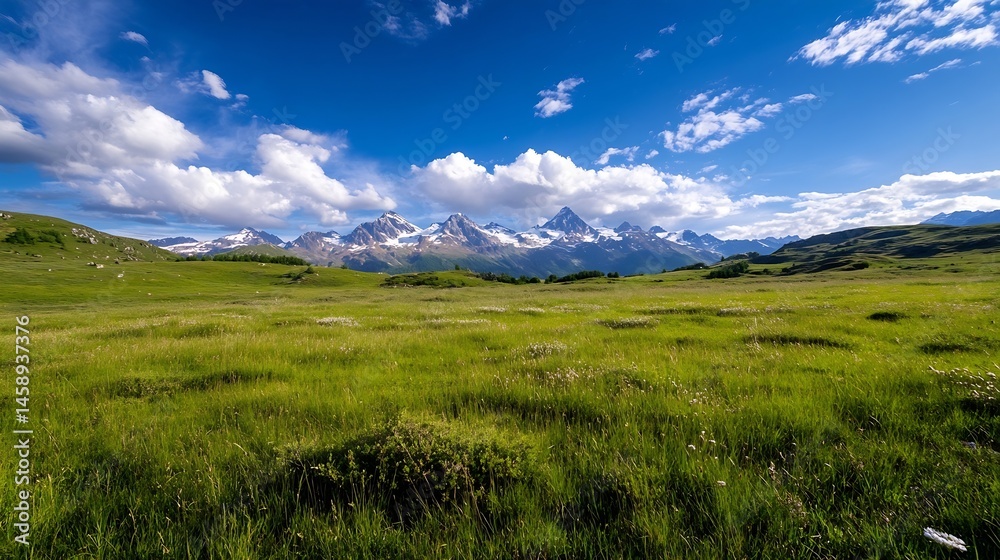 Poster stunning panoramic view of a verdant meadow stretching towards a majestic snow-capped mountain range