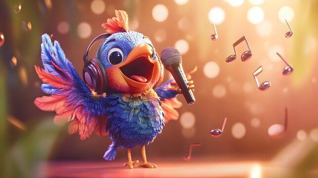 Animated bird singing with a microphone.