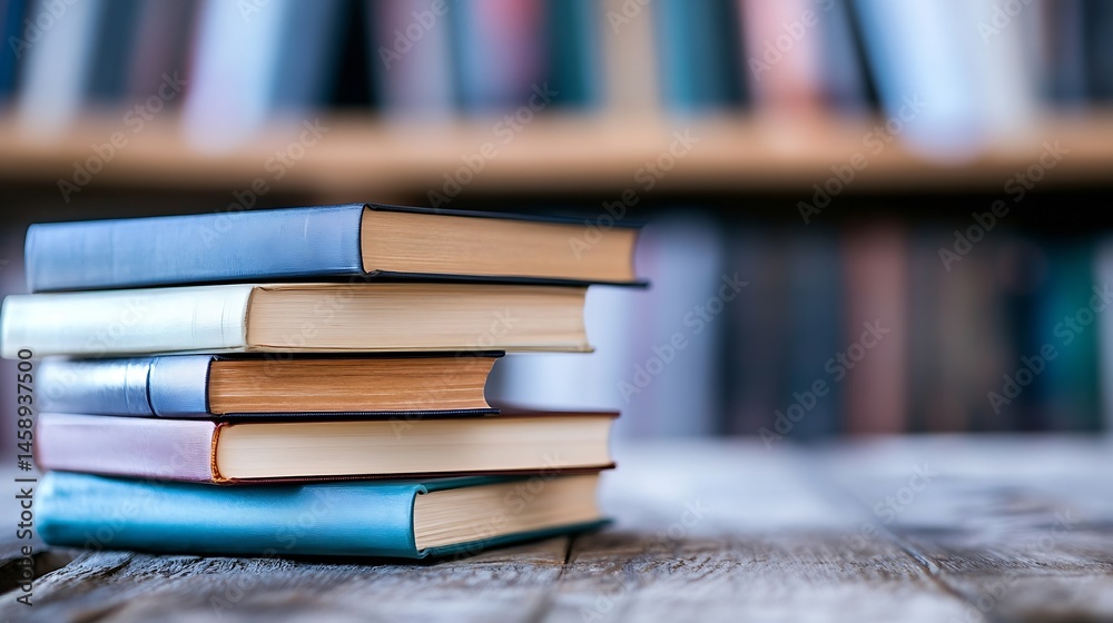 Poster Stack of hardcover books on wooden table, blurred bookshelf background.  Close-up view showing various colors and textures of book covers. : Generative AI