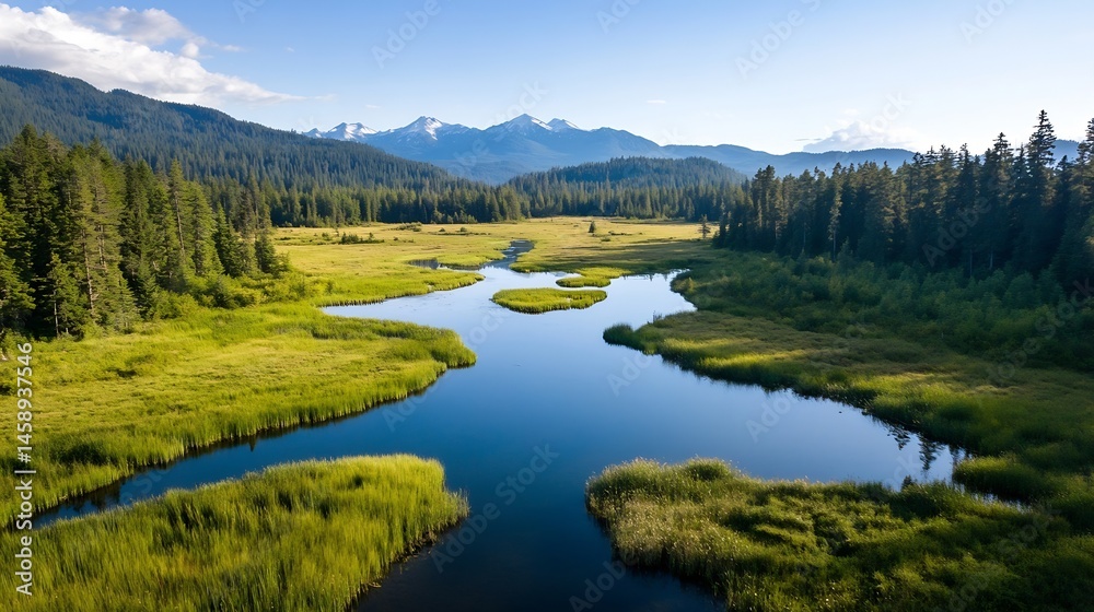 Aufkleber serene mountain lake nestled in a lush green valley, surrounded by towering evergreen trees and snow