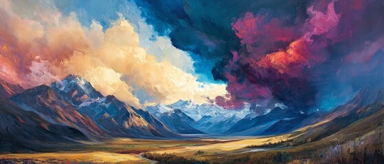 A painting of a mountain range with a stormy sky and a large, colorful cloud