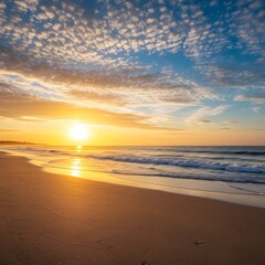 Stunning Beach Sunset Golden Hour Sky, Ocean Waves and Sandy Coastline Scenery, Nature Photography.