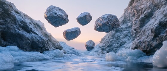 A series of rocks are floating in the air above a frozen river
